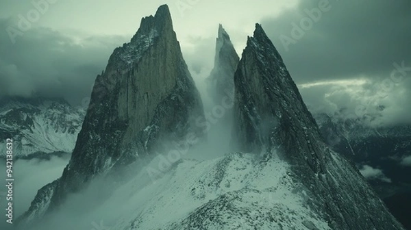 Fototapeta   A towering peak stands majestically amidst a hazy atmosphere, its stature amplified by the dense fog