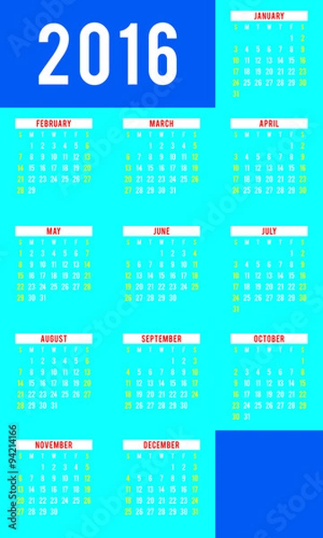 Fototapeta Calendar for 2016 on White Background. Week Starts Sunday
