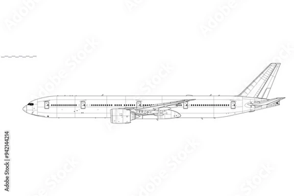 Obraz Boeing 777-300ER. Vector drawing of long-range, passenger jet airliner. Side view. Image for illustration and infographics.