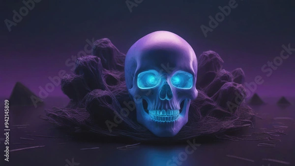 Fototapeta Human 3D skull emblem representing a hacker group, futuristic, dark aesthetic, glowing purple light.