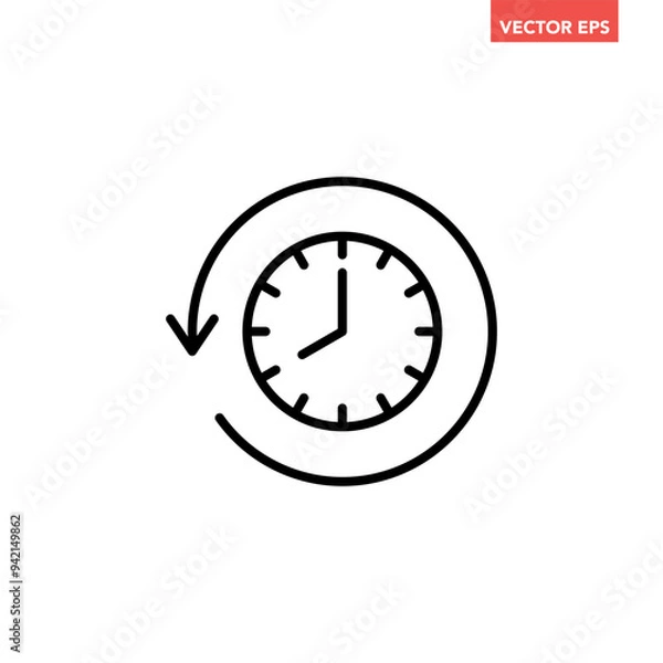 Fototapeta Black go back time on clock line con, simple round past time flat design vector pictogram, infographic vector for app logo web website button ui ux interface elements isolated on white background
