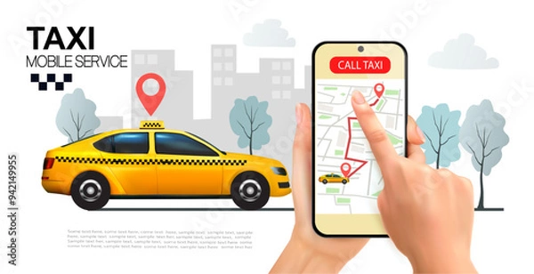 Fototapeta Taxi service concept. Yellow taxi car driving to the call place and hand holding smartphone with taxi service mobile app or ordering taxi online.