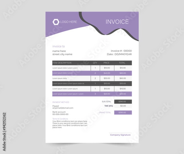 Fototapeta Business invoice form template. clean invoice template vector design. professional invoice design.