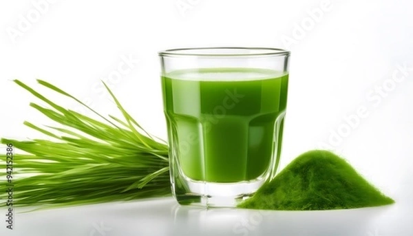 Fototapeta An isolated image of a wheatgrass shot in a small glass on a white background