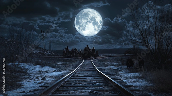 Fototapeta Under the light of a large, glowing full moon, a group of people is silhouetted against the night sky, gathered at the end of railroad tracks that split into two directions. The tracks are set in a wi