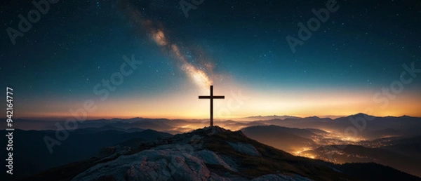 Fototapeta A cross is on a mountain top at night