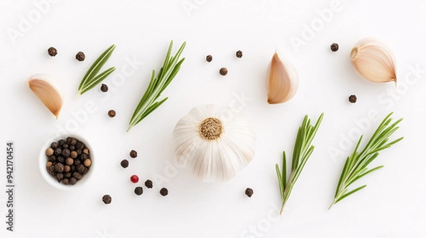Fototapeta A flat-lay arrangement of culinary ingredients including a whole garlic bulb, garlic cloves, fresh rosemary sprigs, and black peppercorns, artistically displayed on a clean white background