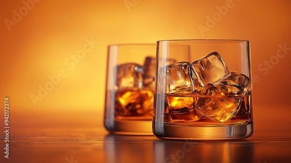 Fototapeta Two elegant whisky glasses on wood, with ice, glow softly against a warm orange backdrop.