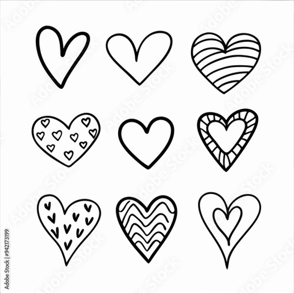 Fototapeta Nine black and white hand-drawn hearts, each with unique patterns, are arranged in a 3x3 grid