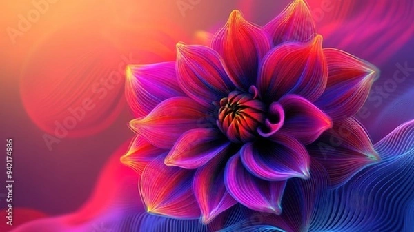 Fototapeta Dahlia flower in colorful abstract art style, featuring neon geometric lines and vibrant colors, set against a mesmerizing vector background