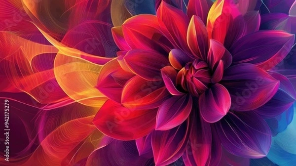 Fototapeta Dahlia in vibrant abstract art style, with geometric neon lines and a mix of bright colors, set against a mesmerizing vector background