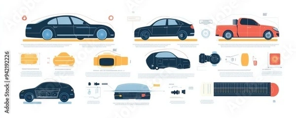 Obraz infographic illustrating different types of vehicles and their components, including cars and trucks, to showcase automotive technology and design elements.