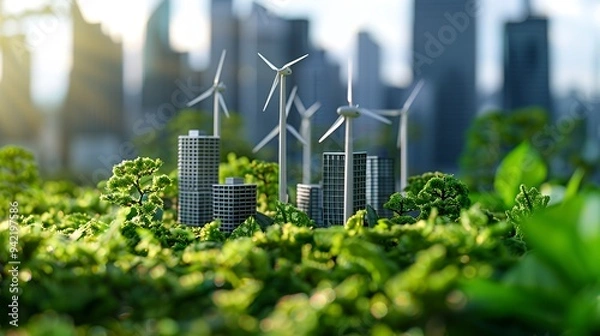 Fototapeta A miniature city with wind turbines surrounded by greenery, symbolizing sustainable development.