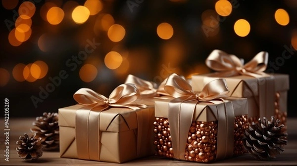 Fototapeta christmas and new year background - gift boxes and pine cones and branches on the background of bokeh garlands