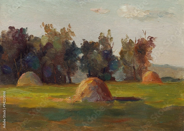 Obraz Beautiful Original Oil Painting Landscape On Canvas with trees grass haystacks