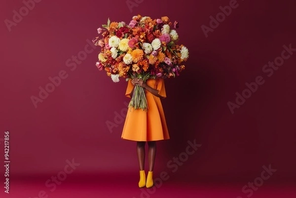 Obraz A woman stands gracefully, wearing an orange dress and yellow shoes, while balancing a large bouquet of colorful autumn flowers on her head, framed by a bold burgundy background.