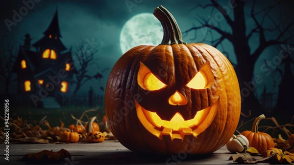 Obraz Spooky jack-o'-lantern pumpkin with a haunted house in the full moon background