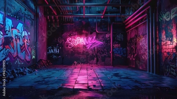 Fototapeta Empty urban alleyway with graffiti walls illuminated by neon light.