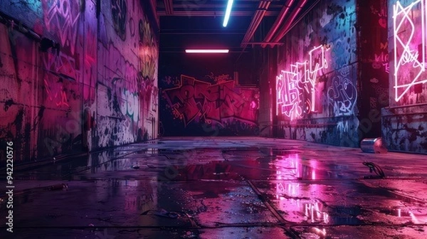 Fototapeta A wet, dark alley lit by pink neon lights with graffiti on the walls.