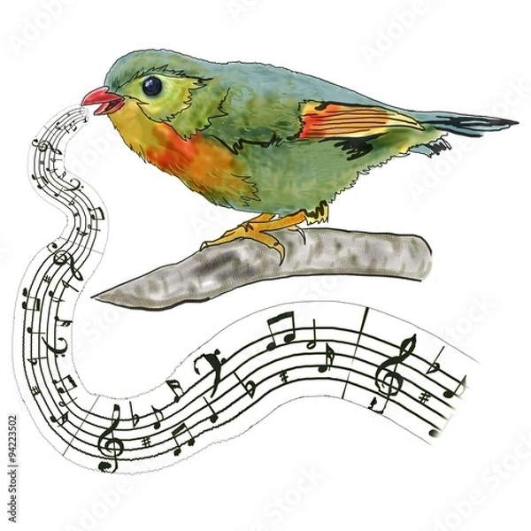Fototapeta bird on branch singing a song, notes