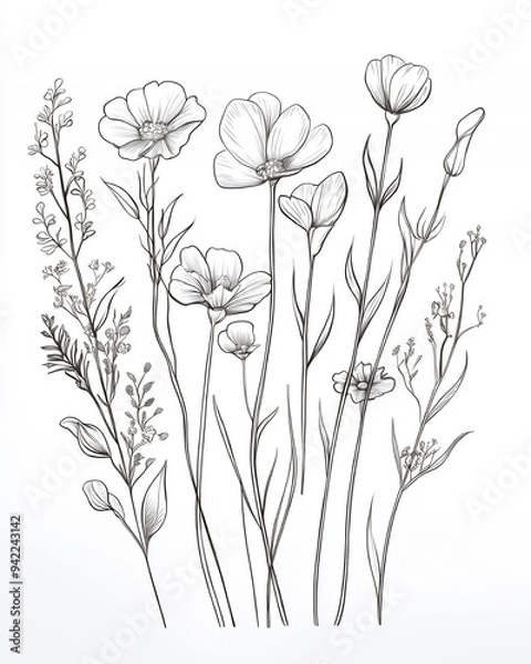 Fototapeta A monochrome illustration of various wildflowers with intricate details.