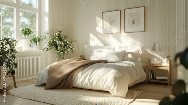 Fototapeta Scandinavian modern bedroom a contemporary take on Scandinavian style. The mood of the room is cozy and inviting.