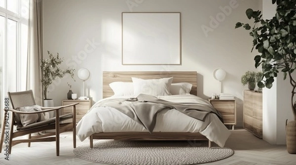 Fototapeta Scandinavian modern bedroom a contemporary take on Scandinavian style. The mood of the room is cozy and inviting.