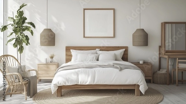 Fototapeta Scandinavian modern bedroom a contemporary take on Scandinavian style. The mood of the room is cozy and inviting.