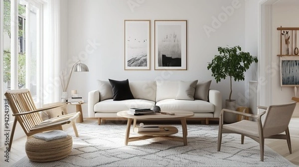 Fototapeta Scandinavian modern living room a contemporary take on Scandinavian style. The mood of the room is cozy and inviting.