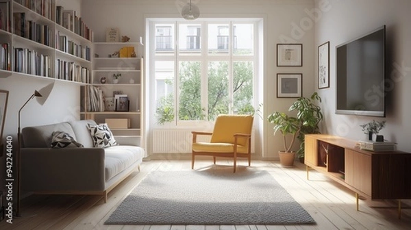 Fototapeta Scandinavian modern living room a contemporary take on Scandinavian style. The mood of the room is cozy and inviting.