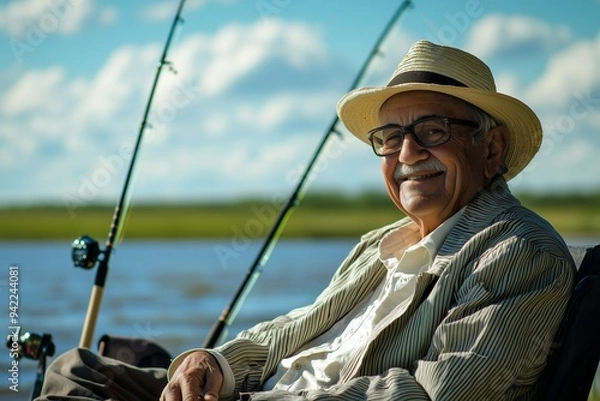 Fototapeta A happy old man sits on the beach in front of his fishing rod and...