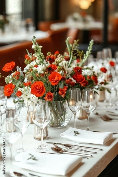 Fototapeta Elegant floral arrangements create a beautiful dining table setting for a spring celebration