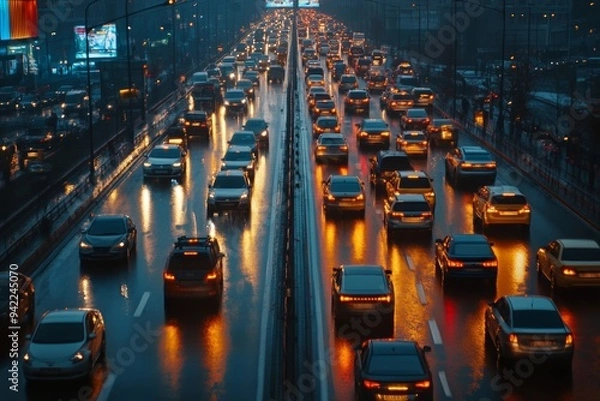 Fototapeta Heavy traffic jam on urban highway during rush hour with numerous vehicles congested