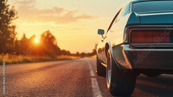 Fototapeta 1970s road trip with a classic car and warm tones, nostalgic journey, retro adventure