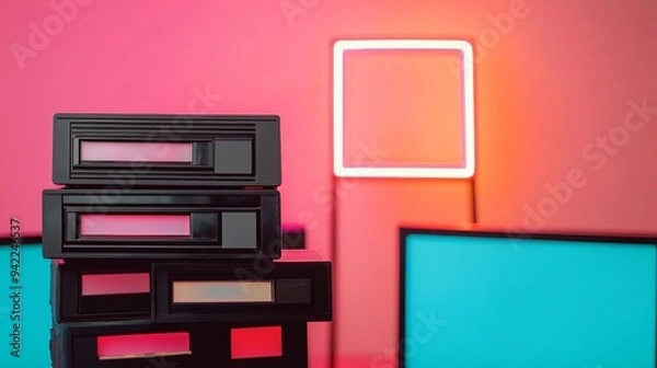 Fototapeta 1980s video rental store with VHS tapes and neon signs, nostalgic vibes, retro technology