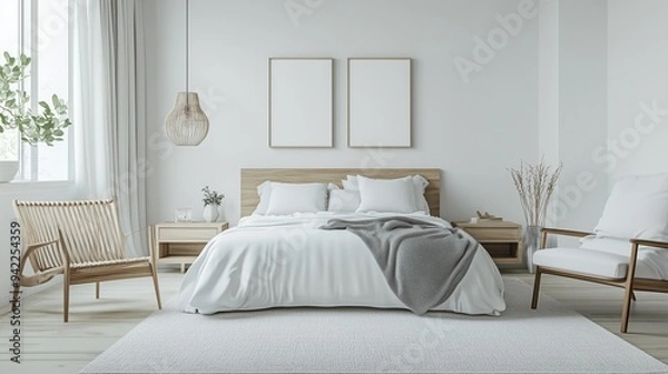 Obraz Minimalist bedroom is bright and airy, simple furnishings.