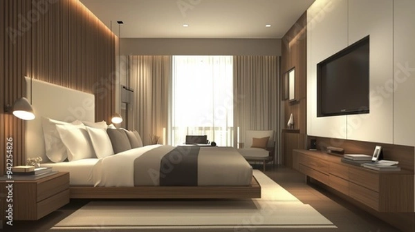 Fototapeta Modern bedroom. The room has a modern and minimalist design.