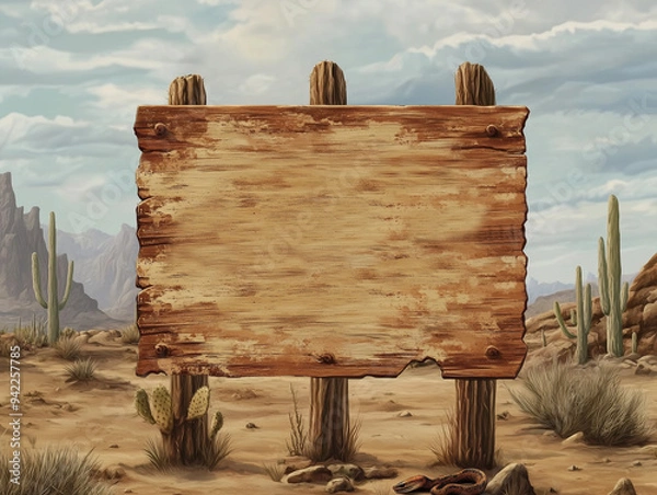 Obraz A wooden sign with a saguaro cactus, cartoon retro textural desert signage, rustic background; an old Wild West theme or southwestern desert cowboy motif,  copyspace, faded postcard