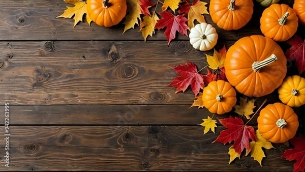 Obraz Autumn pumpkins and fall leaves on a rustic wood background.