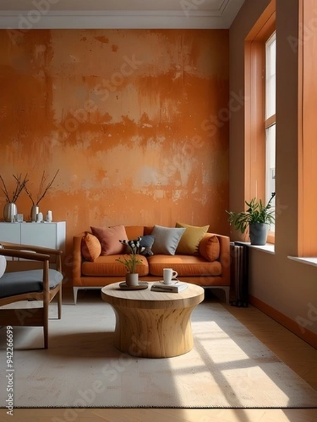 Fototapeta Worn effect wall in pastel orange and deep orange in a modern living room with light wooden floor and large window