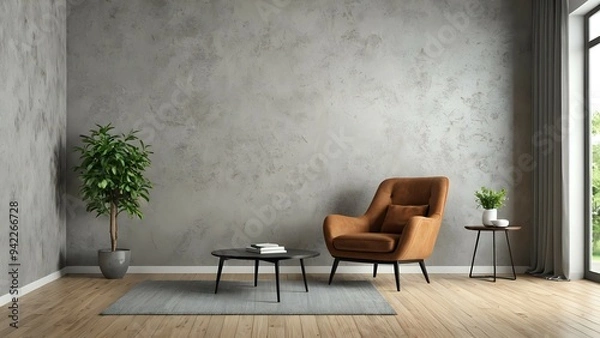 Obraz Modern living room interior with a brown armchair, a coffee table and a plant in front of a concrete wall.