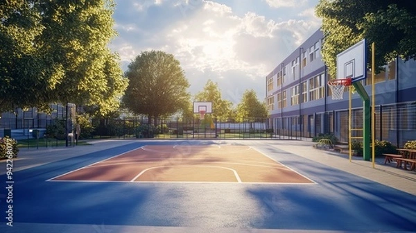 Fototapeta A schoolyard featuring a basketball court and the exterior of a school building, captured in the warm light of a sunny evening. The school yard also includes a playground area.