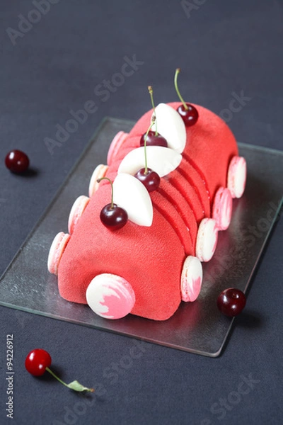 Fototapeta Cherry Lychee and Pistachio Yule Log Cake
