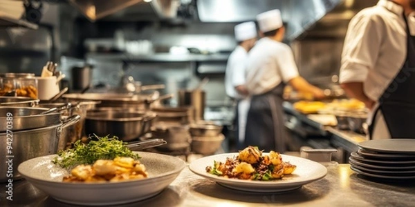 Fototapeta In a busy restaurant kitchen, skilled chefs prepare delightful dishes while managing their cooking tools and equipment to create culinary masterpieces that tantalize the taste buds
