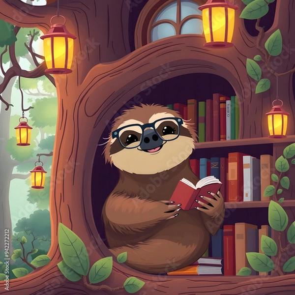 Fototapeta Sloth reading a book in a cozy library nook surrounded by trees and lanterns