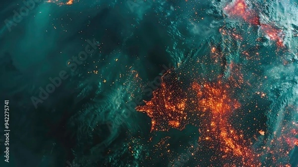 Fototapeta A night view of Europe from space, showing the lights of major cities.