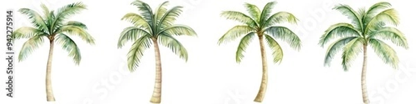 Fototapeta A collection of four lush palm trees with green fronds, perfect for tropical-themed designs and nature-inspired projects.
