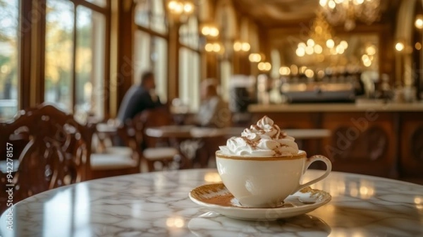 Obraz A charming Viennese café features coffee with whipped cream, vintage decor, and a warm atmosphere.