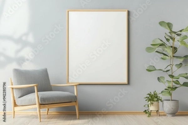 Fototapeta Portrait empty wooden frame mockup in sunlight. Minimalistic composition of sitting room interior with white mock up frame. Scandinavian interior design