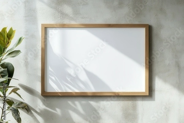 Fototapeta Blank picture frame mockup on wall. Light room minimal design. View of modern scandinavian style interior with artwork mock up on wall. Home staging and minimalism concept